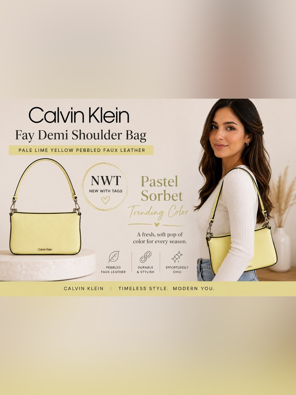 Calvin Klein Fay Demi Shoulder Bag
Lime/Yellow Pebbled Faux Leather
Purse NWT